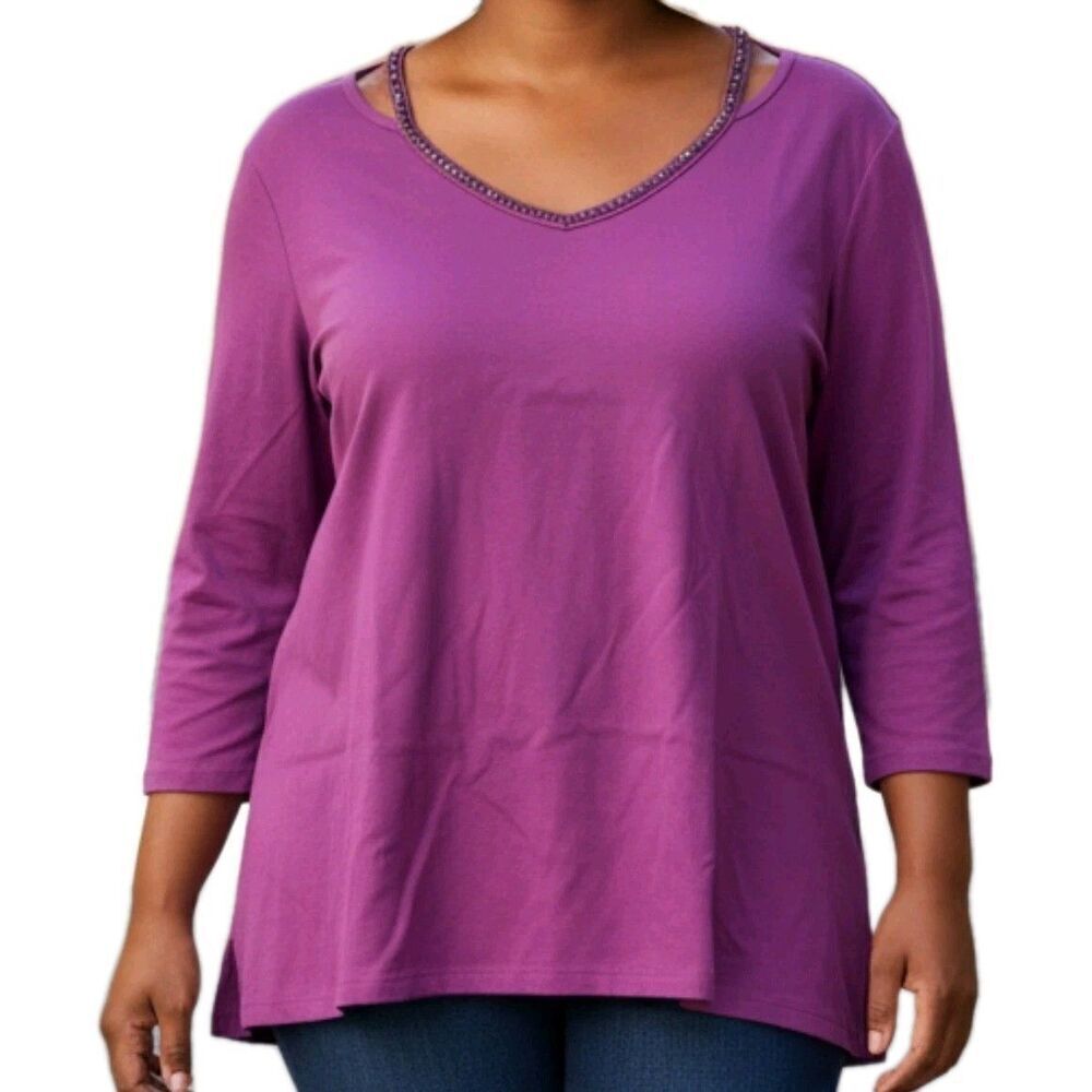 Quacker Factory Rhinestone Cut Out Purple Blouse Women Sz XL 3/4 Sleeve Stretch